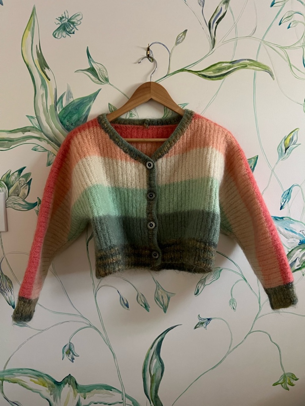 Hand Crafted Striped Crop Cardigan in Coral, Cream & Mint Green